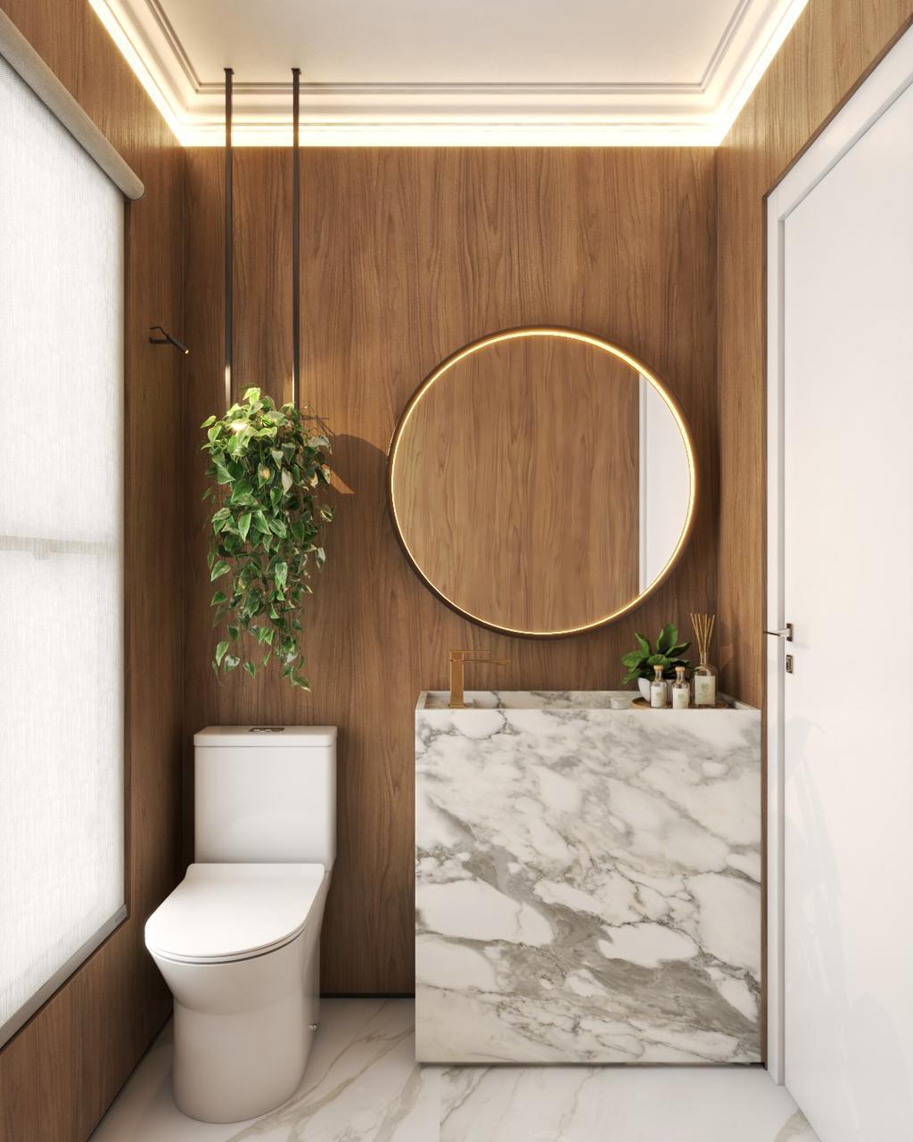 Lavabo com painel amadeirado e mármore